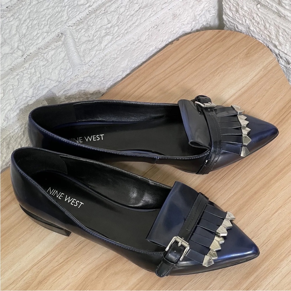 NINE WEST Pointed Tassel Flats Shoes Women's 7 Toe Loafers Blue Patent Leather